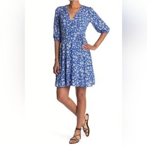 Calvin Klein Blue Floral Long Sleeve Wrap Dress